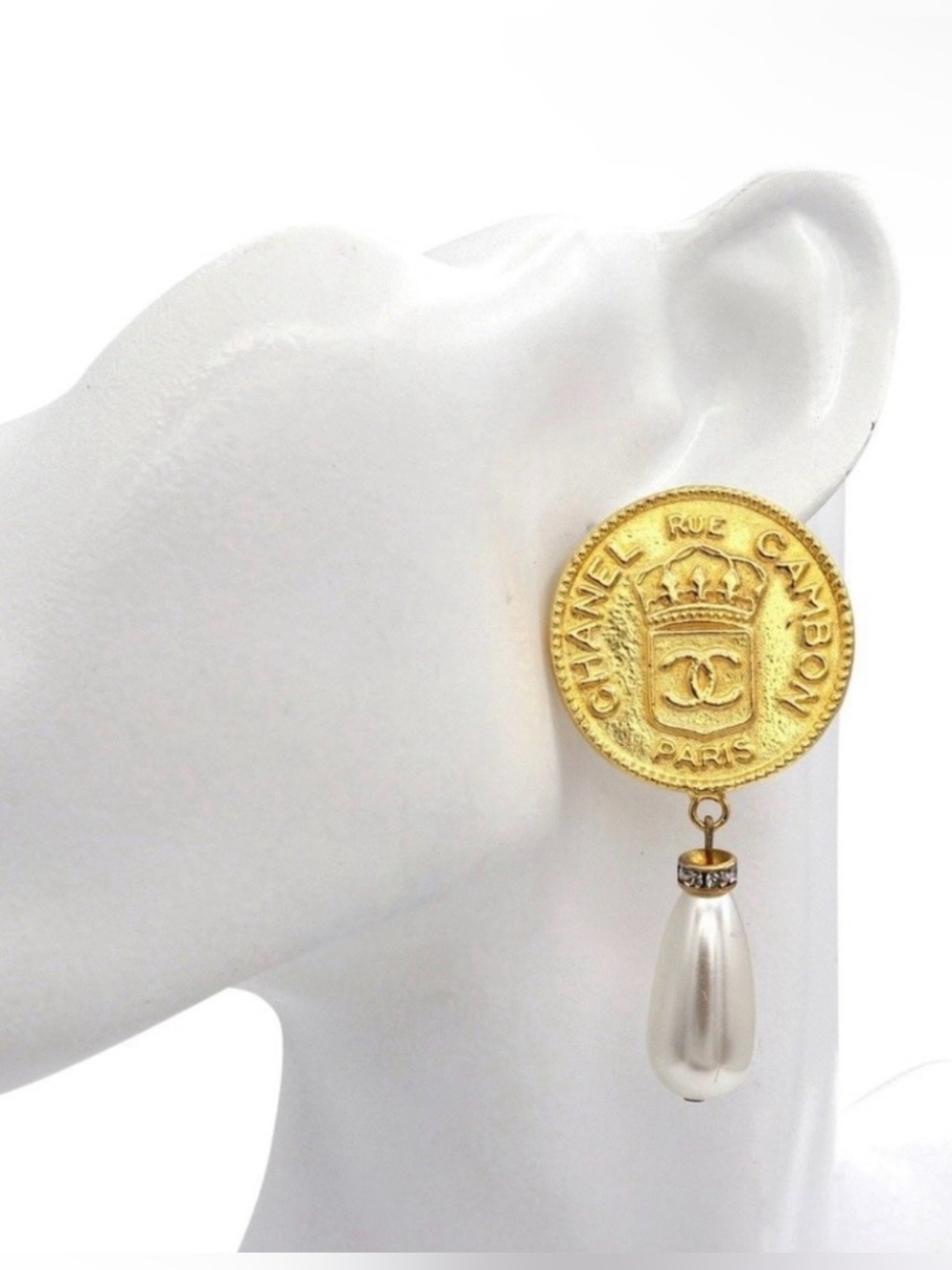 CHANEL Gold Medallion Drop Earrings with Pearl Teardrop